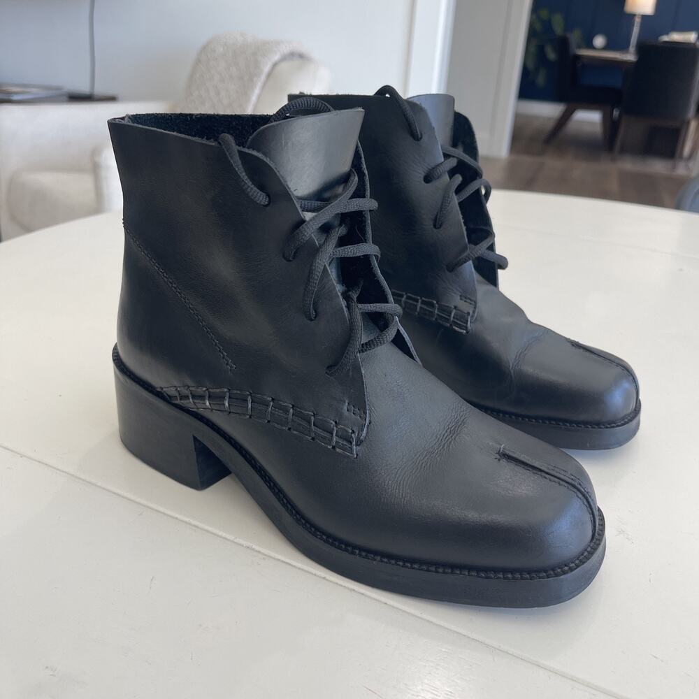Smack USA Women Lace Up Boots Black Ankle Black Heel Leather Bootie Boho Unique